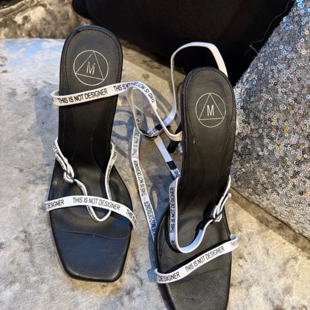 Missguided Black and White Text Strap Heels